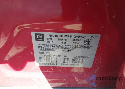 2015 Buick Encore Leather z USA, uszkodzony, nr VIN KL4CJCSB0FB253367